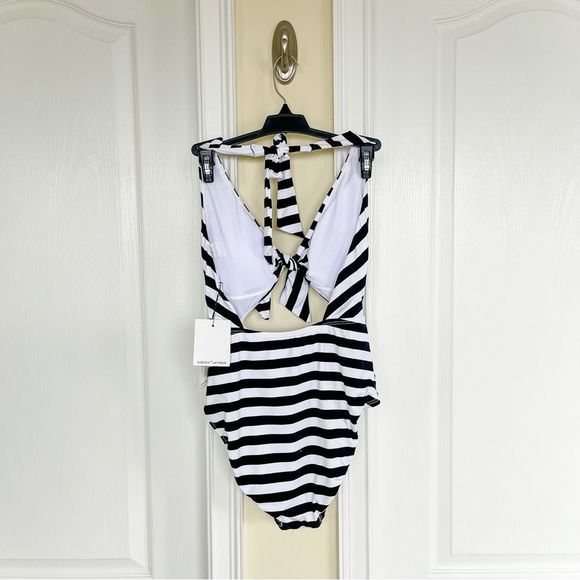 Gibson Latimer XS Bodysuit One Piece Bathing Suit Black White Front Opening Bow - Picture 4 of 10